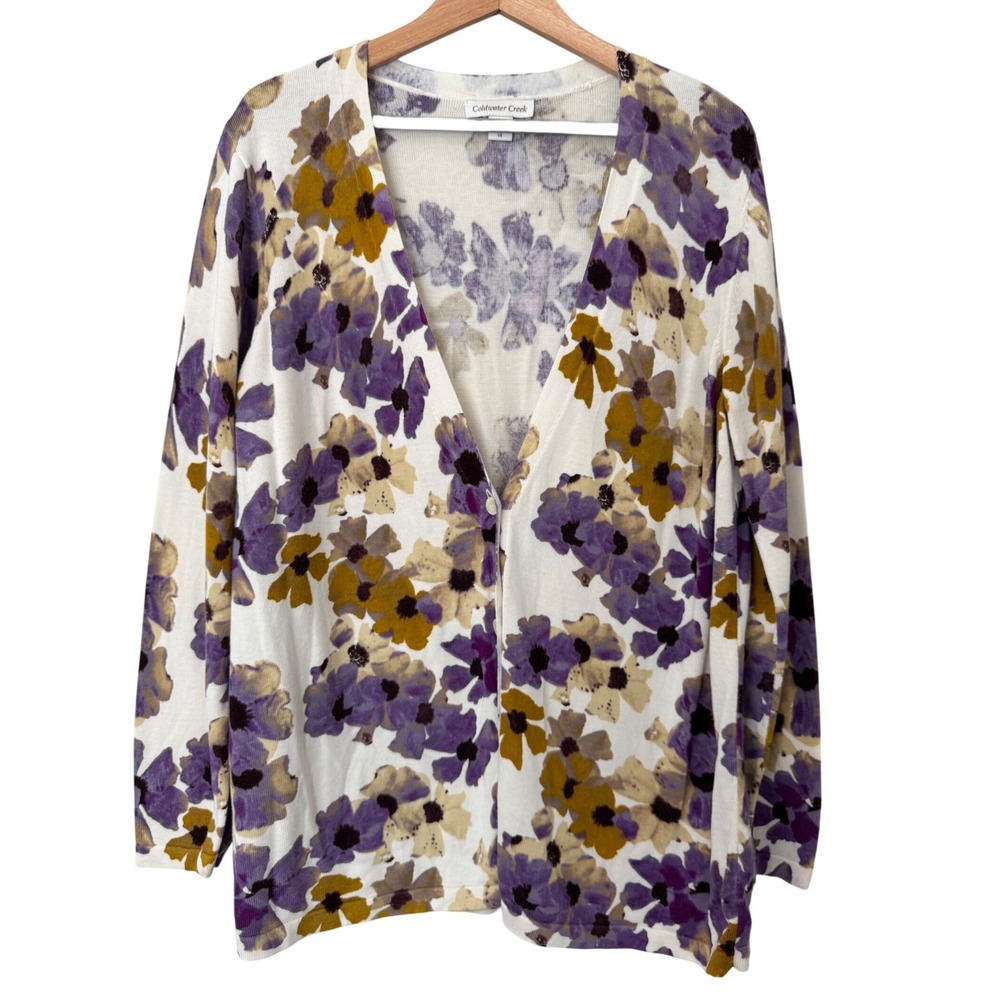 Coldwater Creek‎ Floral Button Front Cotton Cardigan Sweater Purple Gold Large